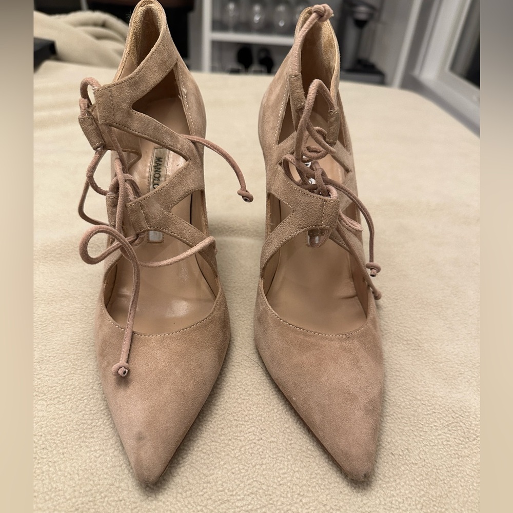 Manolo Blahnik Tan Suede Lace-up Heels 3 7/8” H Sz 37.5